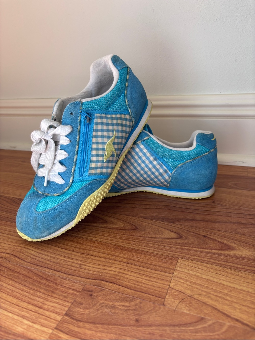 Vintage KangaROO Sneakers - Blue Checkered with Yellow Accent